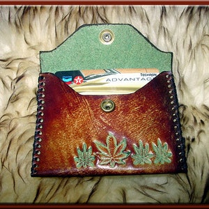 MARIJUANA LEAF Design 1 Closable Credit and Business Card Case A Beautifully Hand Tooled, Hand Crafted, Hand Stitched Leather Card Case image 4