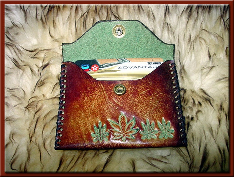 MARIJUANA LEAF Design 1 Closable Credit and Business Card Case A Beautifully Hand Tooled, Hand Crafted, Hand Stitched Leather Card Case image 4