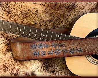 CHINESE CHARACTERS  Design • A Beautifully Hand Tooled, Hand Crafted Leather Guitar Strap