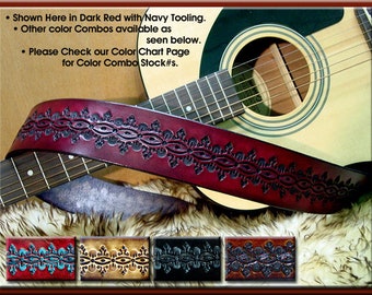 INDIA GEO#2 Dark Red Design • A Beautifully Hand Tooled, Hand Crafted Leather Guitar Strap