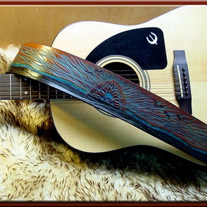 TURQUOISE SUNRISE Design A Beautifully Hand Tooled , Hand Crafted Leather Guitar Strap image 2