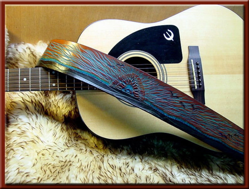 TURQUOISE SUNRISE Design A Beautifully Hand Tooled , Hand Crafted Leather Guitar Strap image 2