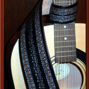 BLACK LA PAZ Design • A Beautifully Hand Tooled, Hand Crafted Leather Guitar Strap