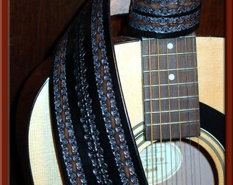 BLACK LA PAZ Design • A Beautifully Hand Tooled, Hand Crafted Leather Guitar Strap