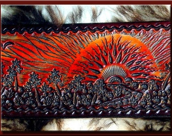 SUNSCAPE/SUNRISE Design (with Border) • Beautifully Hand Tooled & Completely Hand Crafted Leather Guitar Strap