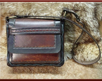 MUSICIAN ACCESSORY BAG, La Paz Border Design, A Beautifully Hand Tooled Leather Shoulder Bag with Three Compartments