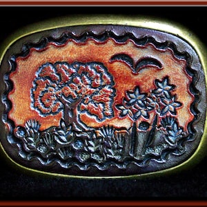 OAK TREE Design, Handcrafted and Tooled Leather Belt Buckle • Fits up to 1 3/4&quot; Wide Belt.  2 1/2&quot; High X 3 1/4&quot; Long.