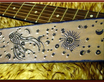 COSMIC WONDER Design Leather Guitar Strap • A Beautifully Hand Dyed, Hand Crafted Leather Guitar Strap