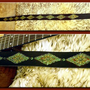 GREEN LEAVES MANDALA Guitar Strap A Simple and Beautifully Hand Dyed, Hand Crafted Leather Guitar Strap image 2