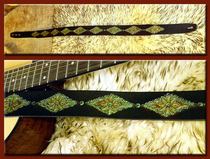 GREEN LEAVES MANDALA Guitar Strap A Simple and Beautifully Hand Dyed, Hand Crafted Leather Guitar Strap image 2