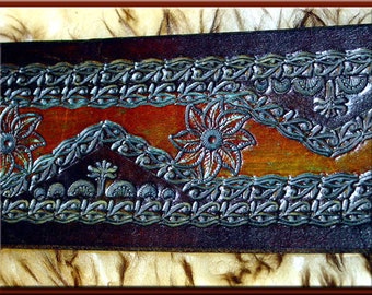 LEAF MANDALA  Design • A Beautifully Hand Tooled, Hand Crafted Leather Guitar Strap