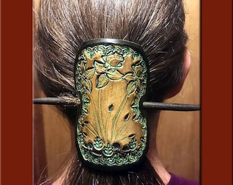 GREEN ROSES Design, Handcrafted, Hand Tooled Leather Hair Barrette