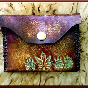 MARIJUANA LEAF Design 1 Closable Credit and Business Card Case A Beautifully Hand Tooled, Hand Crafted, Hand Stitched Leather Card Case image 1