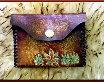 MARIJUANA LEAF Design #1 Closable Credit and Business Card Case • A Beautifully Hand Tooled, Hand Crafted, Hand Stitched Leather Card Case