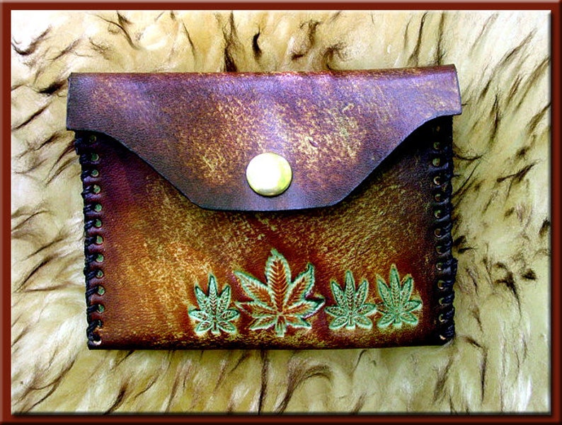MARIJUANA LEAF Design 1 Closable Credit and Business Card Case A Beautifully Hand Tooled, Hand Crafted, Hand Stitched Leather Card Case image 1