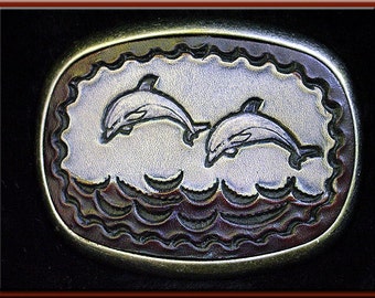DOLPHINS Design, Handcrafted, Hand Tooled Leather Belt Buckle • Fits up to 1 3/4" Wide Belt,  2 1/2" High X 3 1/4" Long.