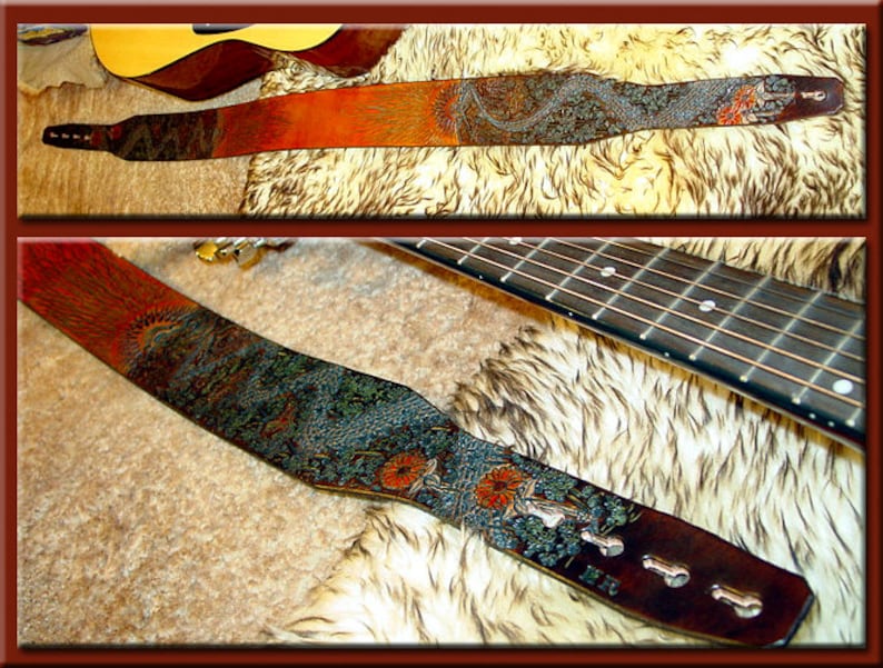 SUNSCAPE II Design A Beautifully Hand Tooled & Completely Hand Crafted Leather Guitar Strap image 3