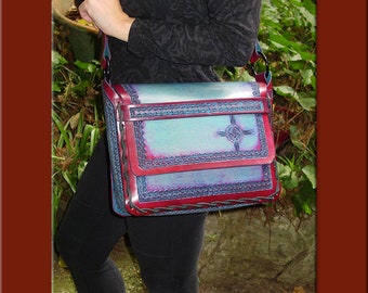 MUSICIAN ACCESSORY BAG Native American Sun Symbol Design, A Beautifully Hand Tooled Leather Shoulder Bag with Three Compartments