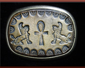 EGYPTIAN ANKH Design, Handcrafted, Hand Tooled Leather Belt Buckle • Fits up to 1 3/4" Wide Belt,  2 1/2" High X 3 1/4" Long •