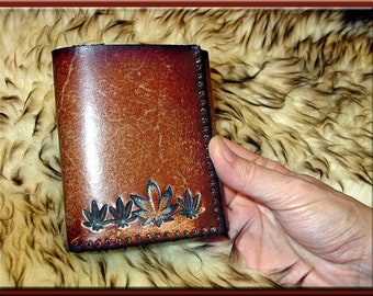 MARIJUANA LEAF Design #1 TRIFOLD Wallet • A Beautifully Hand Tooled, Hand Crafted, Hand Stitched Trifold Leather Wallet