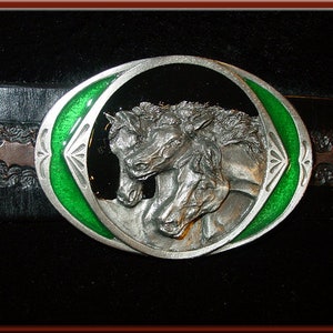 HORSES ENAMELED Pewter Belt Buckle fits up to 1 3/4&quot; Belt   2.25&quot; Diameter.