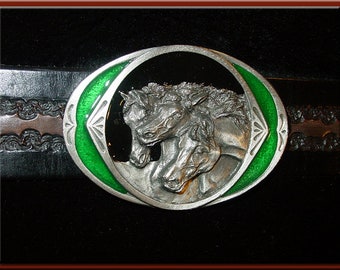 HORSES ENAMELED Pewter Belt Buckle fits up to 1 3/4" Belt   2.25" Diameter.