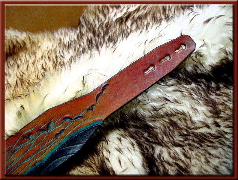 TURQUOISE SUNRISE Design A Beautifully Hand Tooled , Hand Crafted Leather Guitar Strap image 9