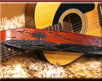 MORNING SUNRISE with TREE Design • A Beautifully Hand Tooled, Custom Sized, Hand Crafted Leather Guitar Strap