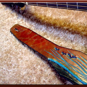 TURQUOISE SUNRISE Design A Beautifully Hand Tooled , Hand Crafted Leather Guitar Strap image 5