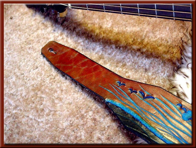 TURQUOISE SUNRISE Design A Beautifully Hand Tooled , Hand Crafted Leather Guitar Strap image 5