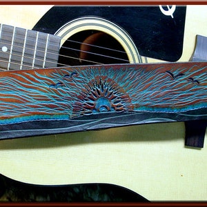 TURQUOISE SUNRISE Design A Beautifully Hand Tooled , Hand Crafted Leather Guitar Strap image 1