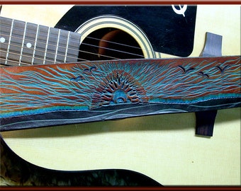 TURQUOISE SUNRISE Design • A Beautifully Hand Tooled , Hand Crafted Leather Guitar Strap