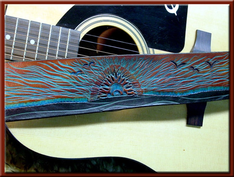 TURQUOISE SUNRISE Design A Beautifully Hand Tooled , Hand Crafted Leather Guitar Strap image 1