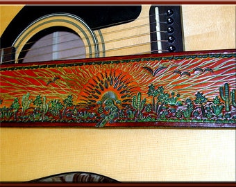 DESERT SUNRISE/SUNSCAPE Design (with Border) • Beautifully Hand Tooled & Completely Hand Crafted Leather Guitar Strap