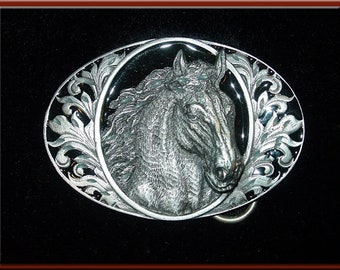 Stunning Enameled HORSEHEAD with WESTERN LEAFWORK Pewter Belt Buckle with Diamond Cuts. Fits up to 1 3/4" Belt.