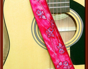 RED & BLUE ROSES Design • A Beautifully Hand Tooled, Completely Hand Crafted Leather Guitar Strap