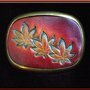 POT LEAF TRIO Design, Handcrafted and Tooled Leather Belt Buckle • Fits up to 1 3/4&quot; Wide Belt.  2 1/2&quot; High X 3 1/4&quot; Long.