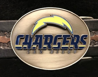 SAN DIEGO CHARGERS Enameled Pewter Belt Buckle fits up to 1 3/4" Belt.   2 1/2" High, 3 1/4" Wide.