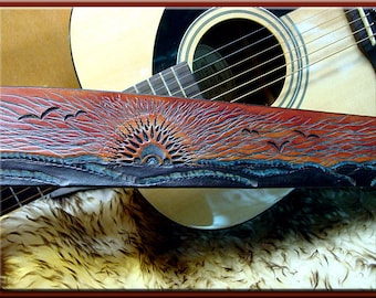 MORNING SUNRISE Design • A Beautifully Hand Tooled , Hand Crafted Leather Guitar Strap