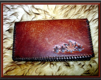 MARIJUANA LEAF Design #1 Foldover CHECKBOOK Cover • A Beautifully Hand Tooled, Hand Crafted, Hand Stitched Leather Personal Checkbook Cover