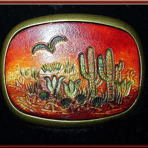 DESERT CACTUS Southwestern Style Handcrafted, Hand Tooled Leather Belt Buckle • Fits up to 1 3/4&quot; Wide Belt.  2 1/2&quot; High X 3 1/4&quot; Long.