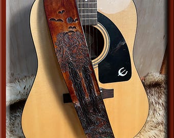 CALIFORNIA REDWOODS Design • A Beautifully Hand Tooled, Hand Crafted Leather Guitar Strap