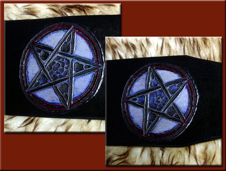 May include: Two black leather patches with a silver pentagram design. The pentagram is outlined in red and blue.