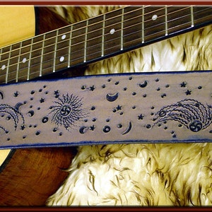 COSMIC WONDER Design Leather Guitar Strap • A Beautifully Hand Dyed, Hand Crafted Leather Guitar Strap