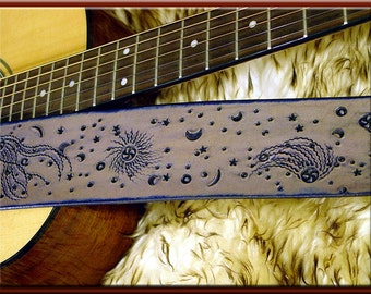 COSMIC WONDER Design Leather Guitar Strap • A Beautifully Hand Dyed, Hand Crafted Leather Guitar Strap