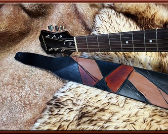 PATCHWORK #2 Design • A Beautifully Hand Tooled,  Hand Crafted Leather Guitar Strap