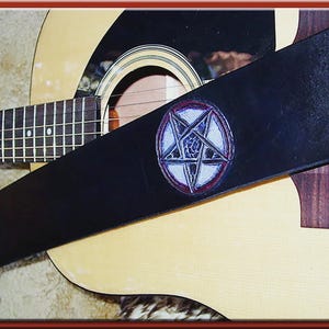 PENTACLE/PENTAGRAM Design • A Beautifully Hand Tooled, Hand Crafted Leather Guitar Strap image 1