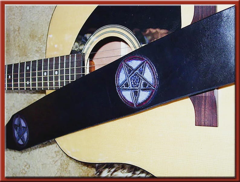 PENTACLE/PENTAGRAM Design • A Beautifully Hand Tooled, Hand Crafted Leather Guitar Strap image 1