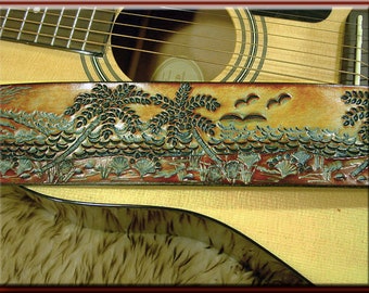 HAWAIIAN MAJESTY Design (with Volcano) • Beautifully Hand Tooled & Completely Hand Crafted Leather Guitar Strap