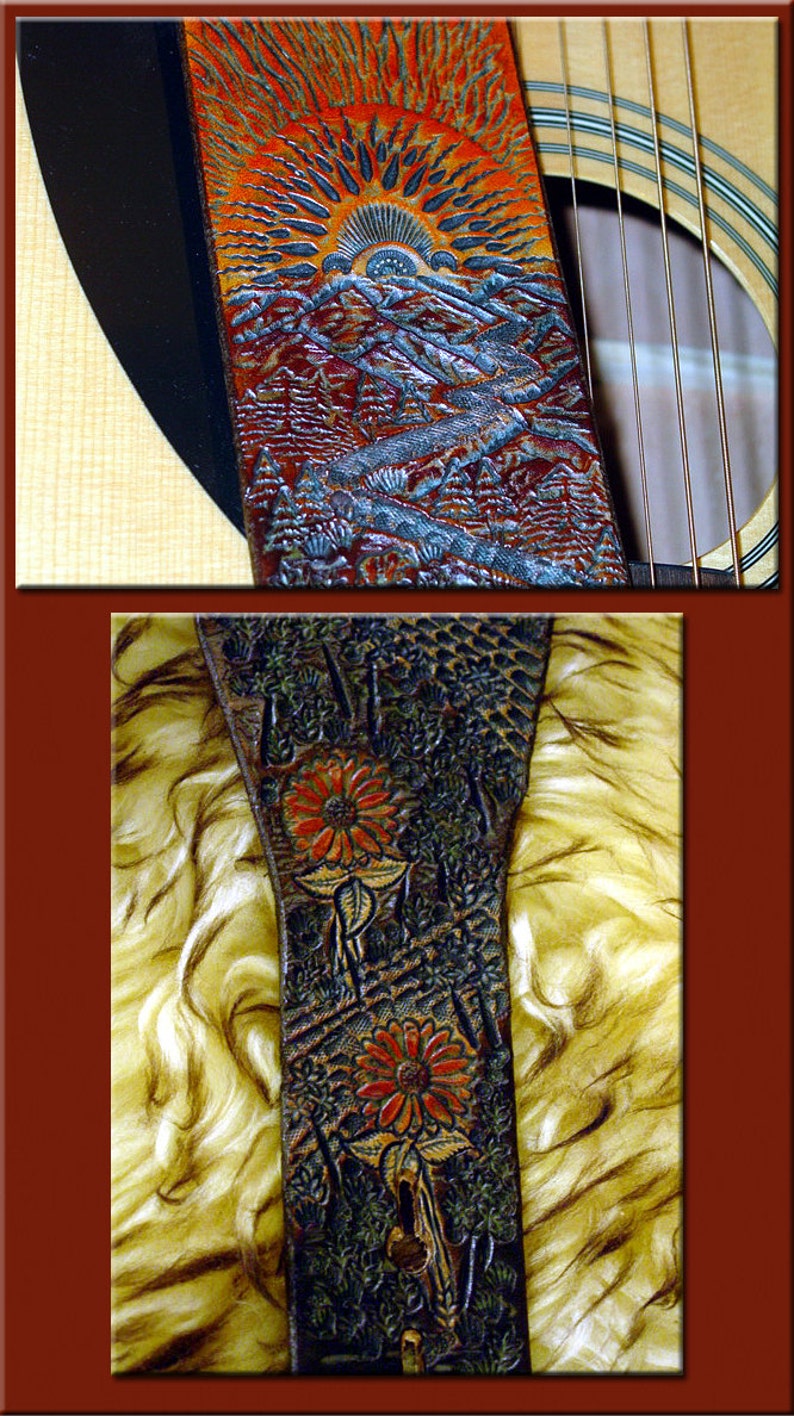 SUNSCAPE II Design A Beautifully Hand Tooled & Completely Hand Crafted Leather Guitar Strap image 4